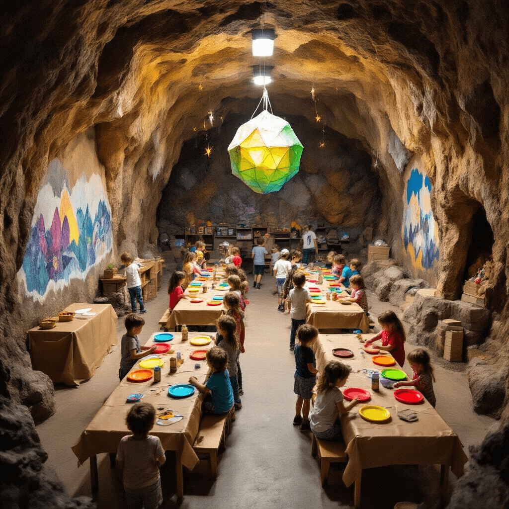 Children enjoy a cave-themed birthday party in a transformed school gymnasium, with interactive stations for crystal growing, cave painting, and a bat echolocation game, surrounded by vibrant decorations and a giant geode piñata.