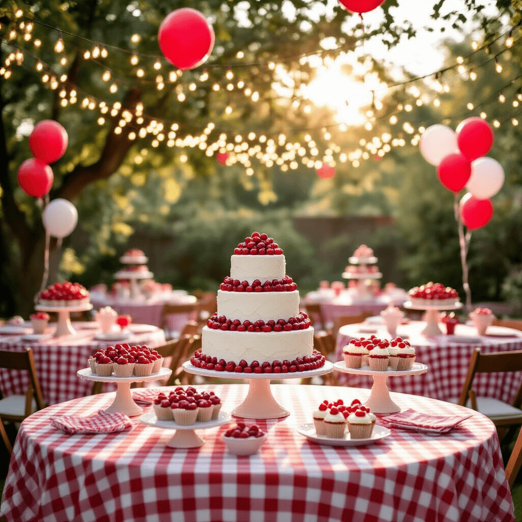 A sunlit backyard birthday celebration transformed into a cherry wonderland, featuring gingham tablecloths, vintage cake stands with fresh cherries and cupcakes, a three-tiered white cake with fondant cherries, fairy lights overhead, and colorful balloons floating in the breeze.