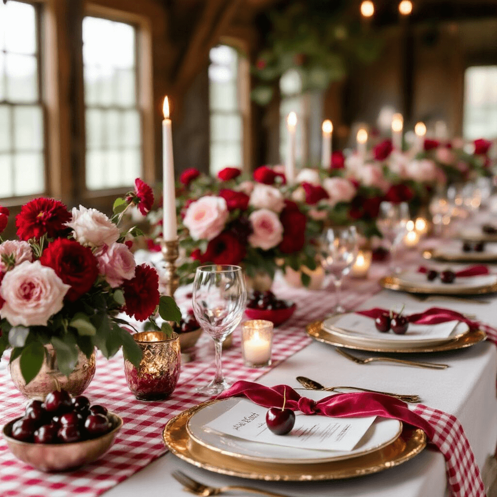 An elegantly set cherry-themed birthday dinner table featuring a white linen tablecloth, red gingham runner, gold-rimmed plates with cherries and name cards, lush floral centerpieces in blush pink and deep red, mercury glass votives, and warm candlelight ambiance.