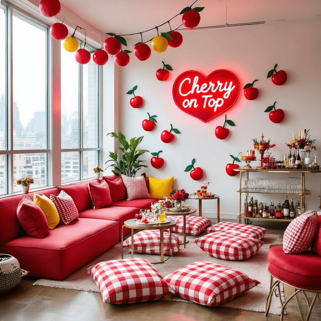 A stylish modern apartment transformed for a retro-inspired cherry birthday bash, featuring cherry red and crisp white decor, a giant DIY cherry garland, a neon 'Cherry on Top' sign, plush gingham floor cushions, and a bar cart with cherry-themed cocktails, all lit by natural light streaming through large windows.