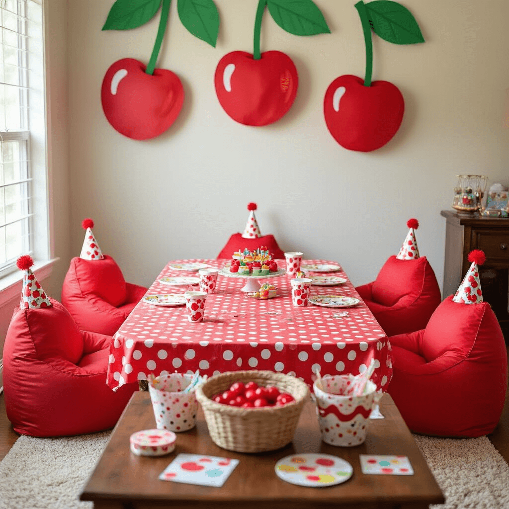 A colorful children's birthday celebration featuring a cherry theme in a cozy living room, with a red and white polka dot tablecloth on a low table set for little guests, surrounded by cherry-shaped beanbag chairs with party hats, a backdrop of oversized paper cherries and leaves, and a coffee table turned craft station, all captured from an overhead view.