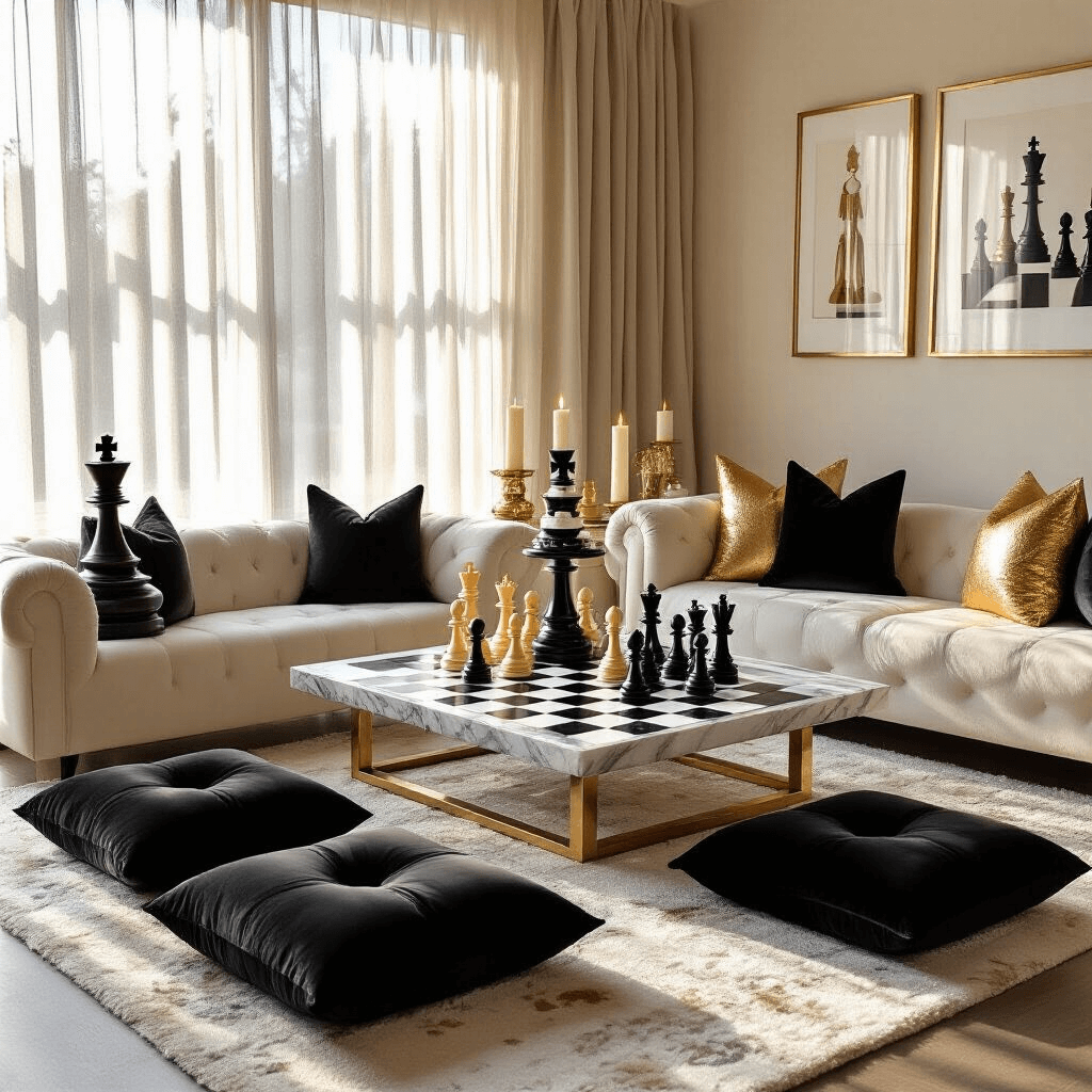 A cozy living room decorated for a chess-themed birthday celebration, featuring a central coffee table with a black and white chessboard runner, plush velvet cushions, chess piece candles as the centerpiece, and an elaborate two-tiered chess cake on a marble side table, all illuminated by golden hour light.