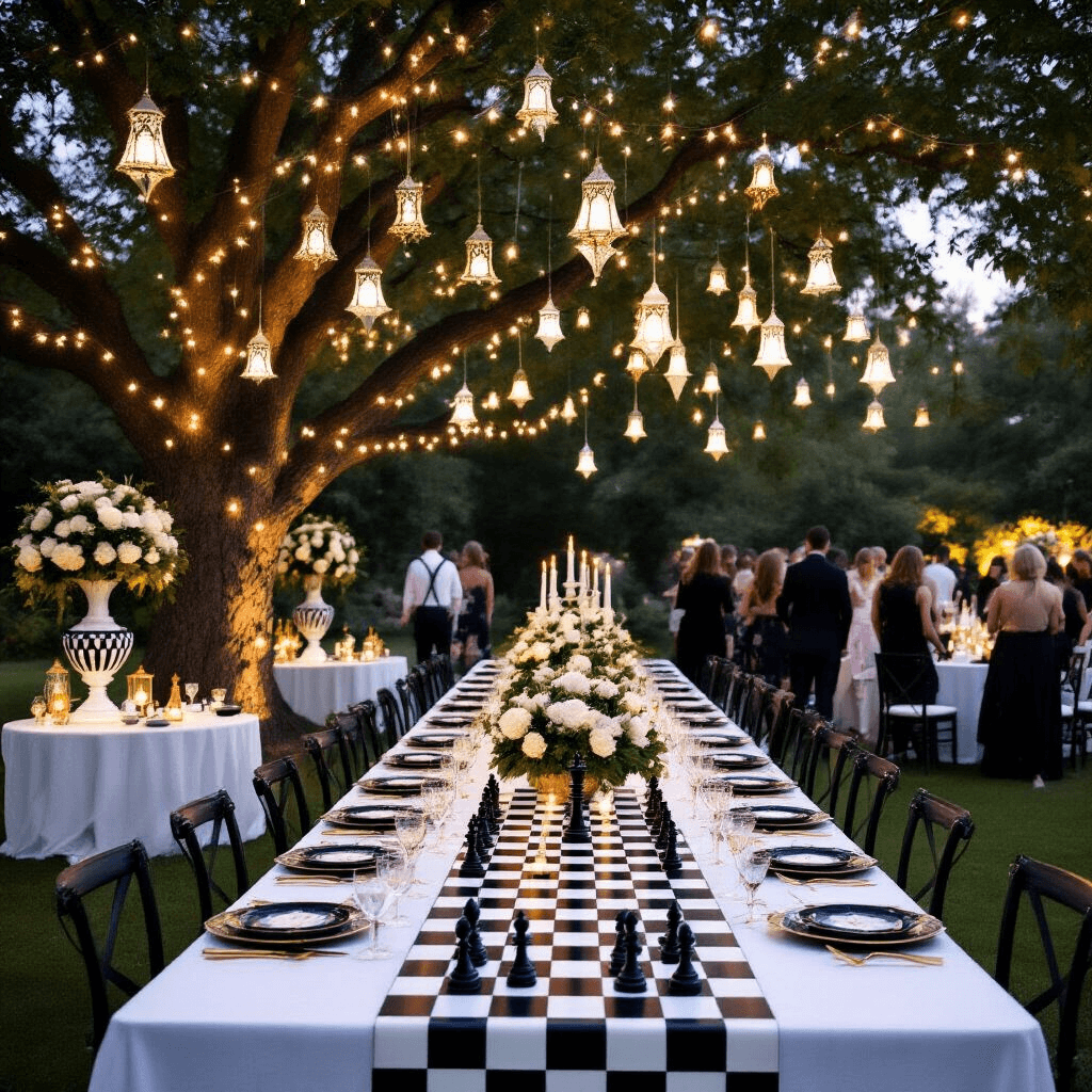 An elegant outdoor garden party at dusk, featuring a long banquet table adorned with a hand-painted chessboard runner, alternating black and white place settings with gold cutlery and crystal stemware, surrounded by towering floral arrangements in black and white vases, guests mingling around cocktail tables with mini chess sets, and a nearby tree displaying whimsical hanging chess pieces illuminated by fairy lights and lanterns.