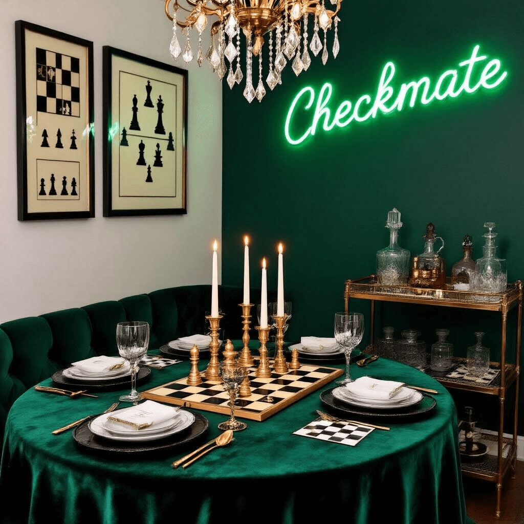 An elegantly decorated dining nook inspired by The Queen's Gambit, featuring a rich emerald velvet tablecloth, a chessboard runner, gold-dipped chess pieces, taper candles, and sophisticated place settings. A modern chandelier with chess piece-shaped pendants hangs above, while a bar cart displays vintage decanters and chess-themed coasters. The walls showcase framed chess strategy diagrams and a neon 'Checkmate' sign in cursive.
