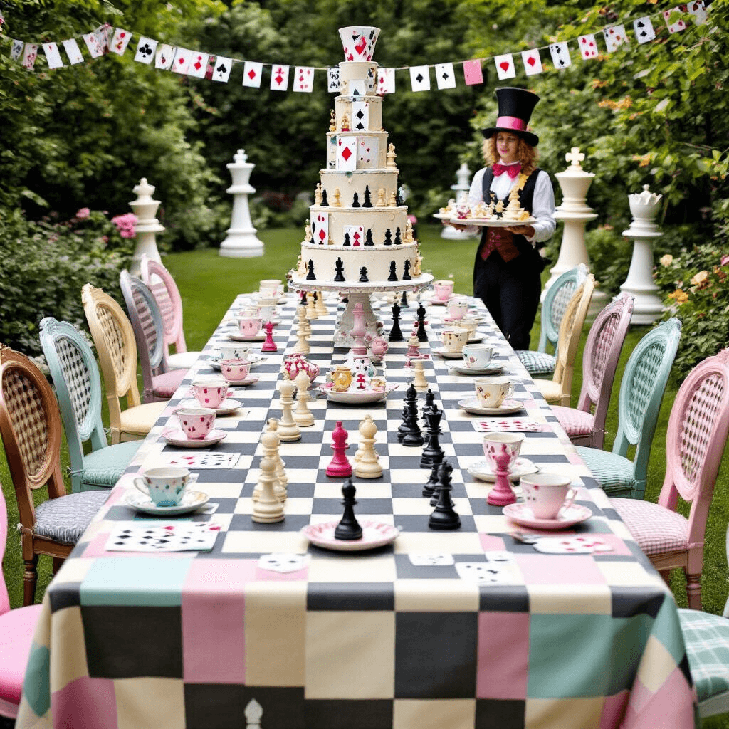 A whimsical garden party inspired by Alice in Wonderland, featuring a long table with a chessboard-patterned tablecloth, mismatched chairs, teacups, oversized playing cards, and a towering cake decorated with chess pieces, set among giant chess pieces and bunting.