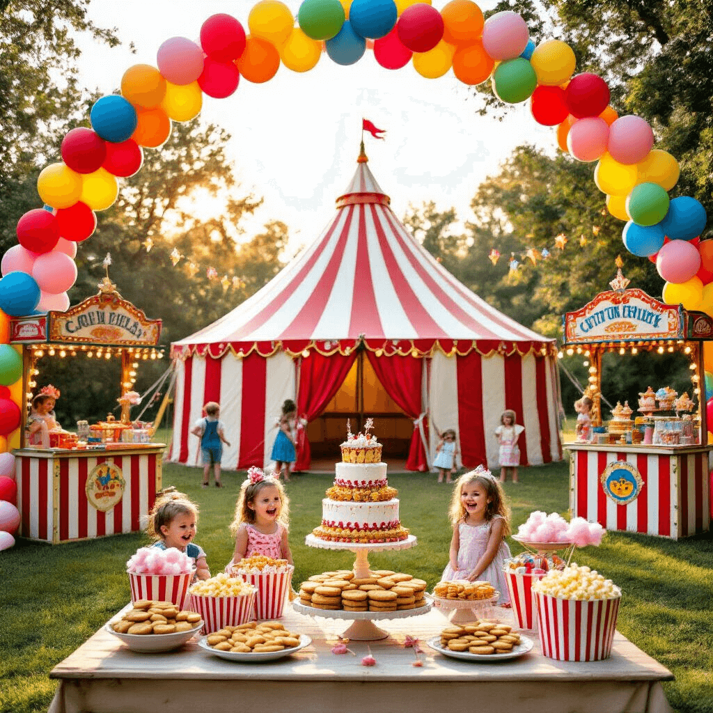 A whimsical circus-themed birthday party in a sun-drenched backyard featuring a red and white striped tent, colorful balloon arches, vintage carnival game booths, and a dessert table overflowing with treats, as children play and pose with oversized props in golden hour lighting.
