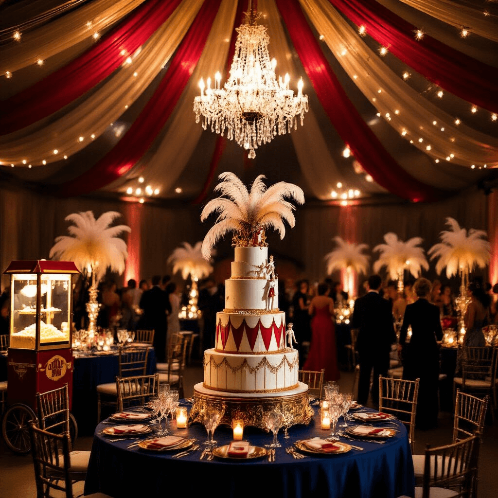 An elegant evening circus soirée in a dimly lit ballroom, featuring crystal chandeliers, deep blue-draped tables with gold-dipped feather centerpieces, a circus tent cake, a vintage popcorn cart, and an aerialist performing overhead, all bathed in warm, soft lighting.