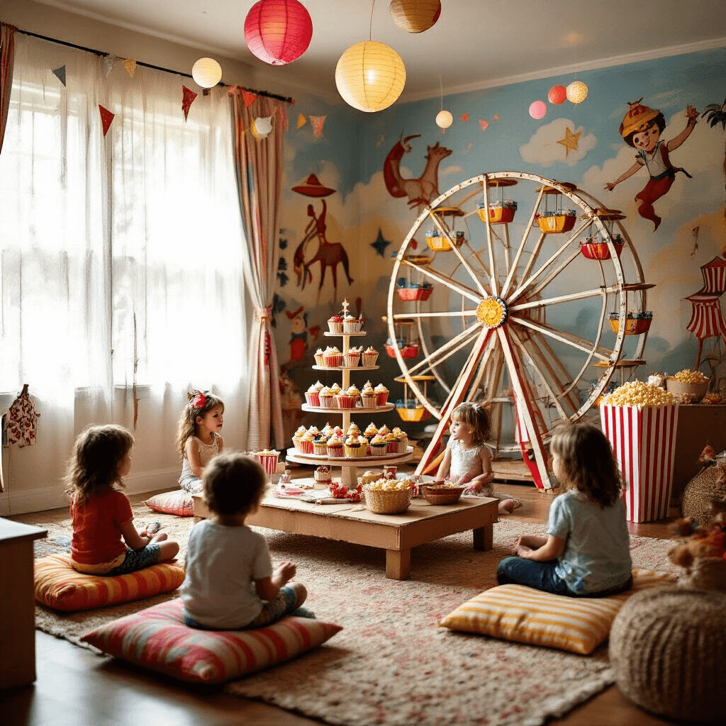 A vibrant indoor circus-themed party in a cozy living room, featuring hand-painted murals, a DIY ferris wheel with cupcakes, a popcorn bar, children on colorful cushions playing carnival games, and twinkling lights creating a whimsical atmosphere.