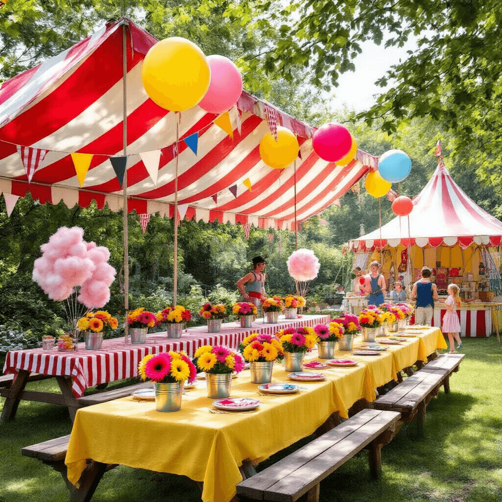 A vibrant circus-themed garden party featuring red and white striped canopies, yellow picnic tables with colorful gerbera daisies, oversized balloons, and a joyful atmosphere with children enjoying face painting, a cotton candy machine, and a juggler, all set in a lush garden with dappled sunlight.