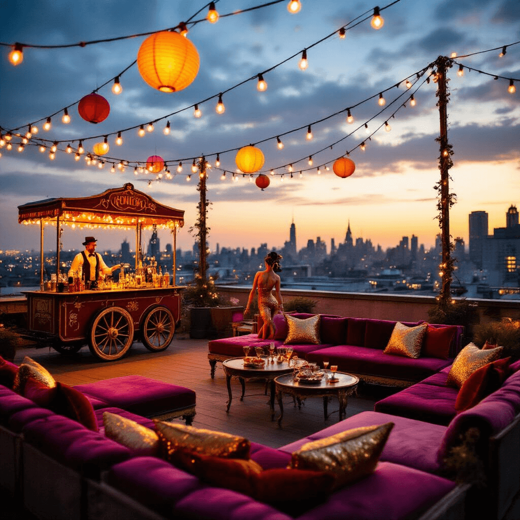 Rooftop circus soirée featuring string lights and paper lanterns over plush velvet seating, a vintage circus wagon bar, servers in ringmaster attire, and a contortionist performance, all set against a twinkling city skyline at sunset.