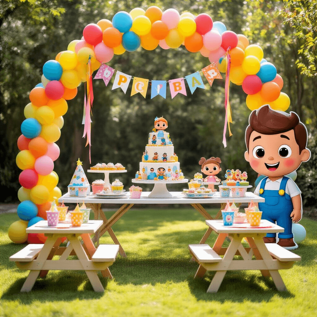 A vibrant Cocomelon-themed birthday party setup in a sunlit backyard featuring a colorful balloon arch, a tiered cake with fondant characters, character-themed cupcakes, and cookies on a dessert table, with mini picnic tables set with bright tableware and Cocomelon party hats, complemented by streamers, banners, and a life-sized JJ cutout.