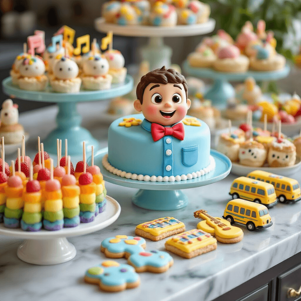 Close-up of a whimsical Cocomelon-inspired dessert spread featuring character cake pops, rainbow fruit skewers, musical note Rice Krispie treats, and a fondant-covered cake resembling JJ's blue shirt. Custom cookies shaped like school buses and musical instruments are scattered about, with pastel blue and yellow cake stands adding height. The soft, diffused lighting enhances the charming presentation.
