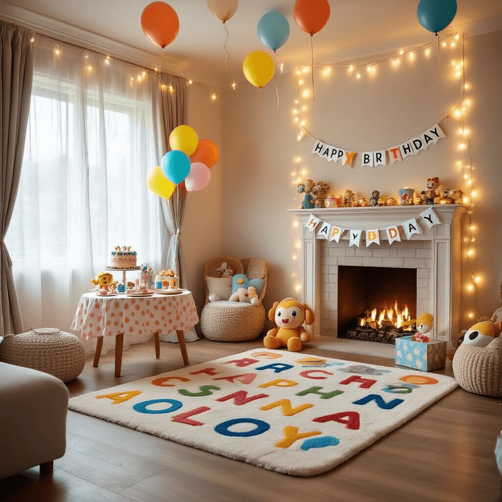 A cozy living room decorated for a Cocomelon birthday celebration, featuring a plush alphabet rug, a 'Happy Birthday' banner, colorful balloons, a small cake table with a polka dot tablecloth, fairy lights overhead, and Cocomelon plush toys placed around the room.