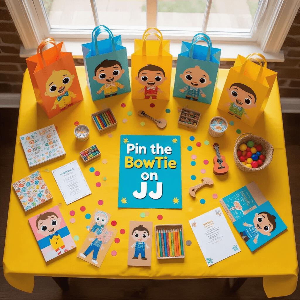 Overhead view of a sunny Cocomelon party favor and activity station on a yellow tablecloth, featuring themed party bags, coloring books, crayons, small musical instruments, a DIY 'Pin the Bowtie on JJ' game board, scattered confetti, and Cocomelon stickers.