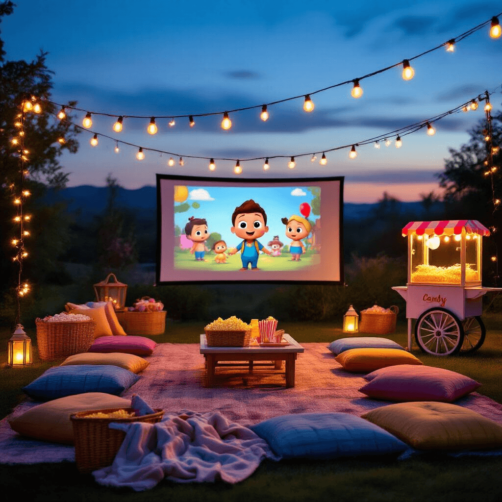 A cozy outdoor Cocomelon movie night setup at twilight, featuring string lights and lanterns, colorful cushions, a large projection screen showing a paused episode, a decorated popcorn cart, a candy station with character cutouts, and a picnic basket filled with blankets, all illuminated in a magical blue hour glow.