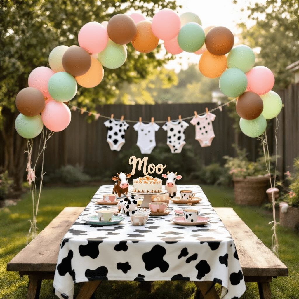 Charming backyard birthday scene with a picnic table draped in a cow print tablecloth, adorned with colorful balloons, farm animal figurines, cow-themed plates, and a 'Moo' cake topper, framed by a DIY balloon arch and a clothesline of cow-print onesies in soft morning light.