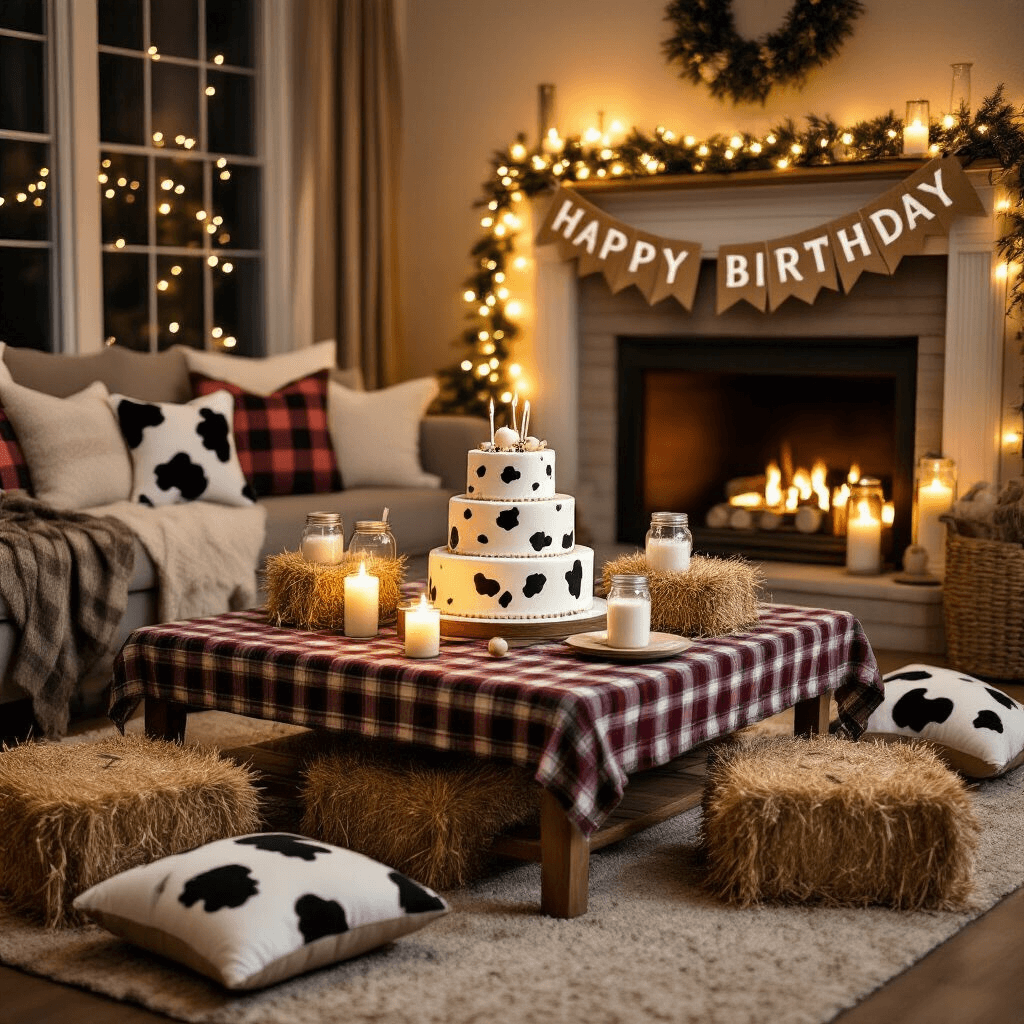 A cozy winter cow-themed celebration in an intimate living room, featuring warm golden light, a plaid tablecloth on the coffee table with a tiered cow spot birthday cake, hay bales, plush cow toys, and mason jars with milk. Cozy cow print throw pillows on the floor, with a burlap 'Happy Birthday' banner above the fireplace.