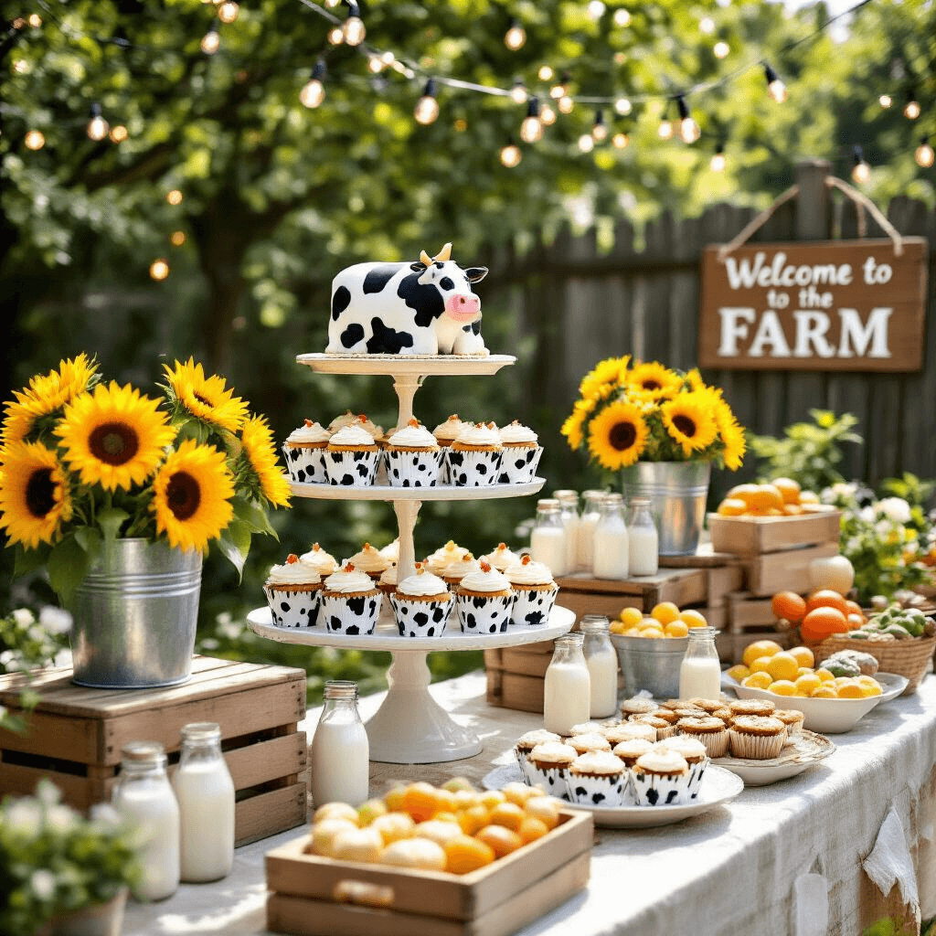 A vibrant garden party scene featuring a dessert cart adorned with cow-print cupcake wrappers, milk bottle favors, and a cow-shaped cake, surrounded by sunflowers in metal buckets and wooden crates filled with fresh produce. Fairy lights illuminate the setting, with a 'Welcome to the Farm' sign in the background.