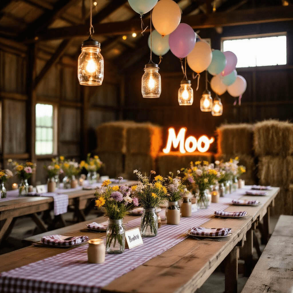 An enchanting twilight scene depicting a barn decorated for a birthday celebration, featuring mason jar lanterns, long wooden tables with gingham tablecloths and wildflower centerpieces, a hay bale photo booth with cow print props, a neon 'Moo' sign, and balloons in muted pastels.