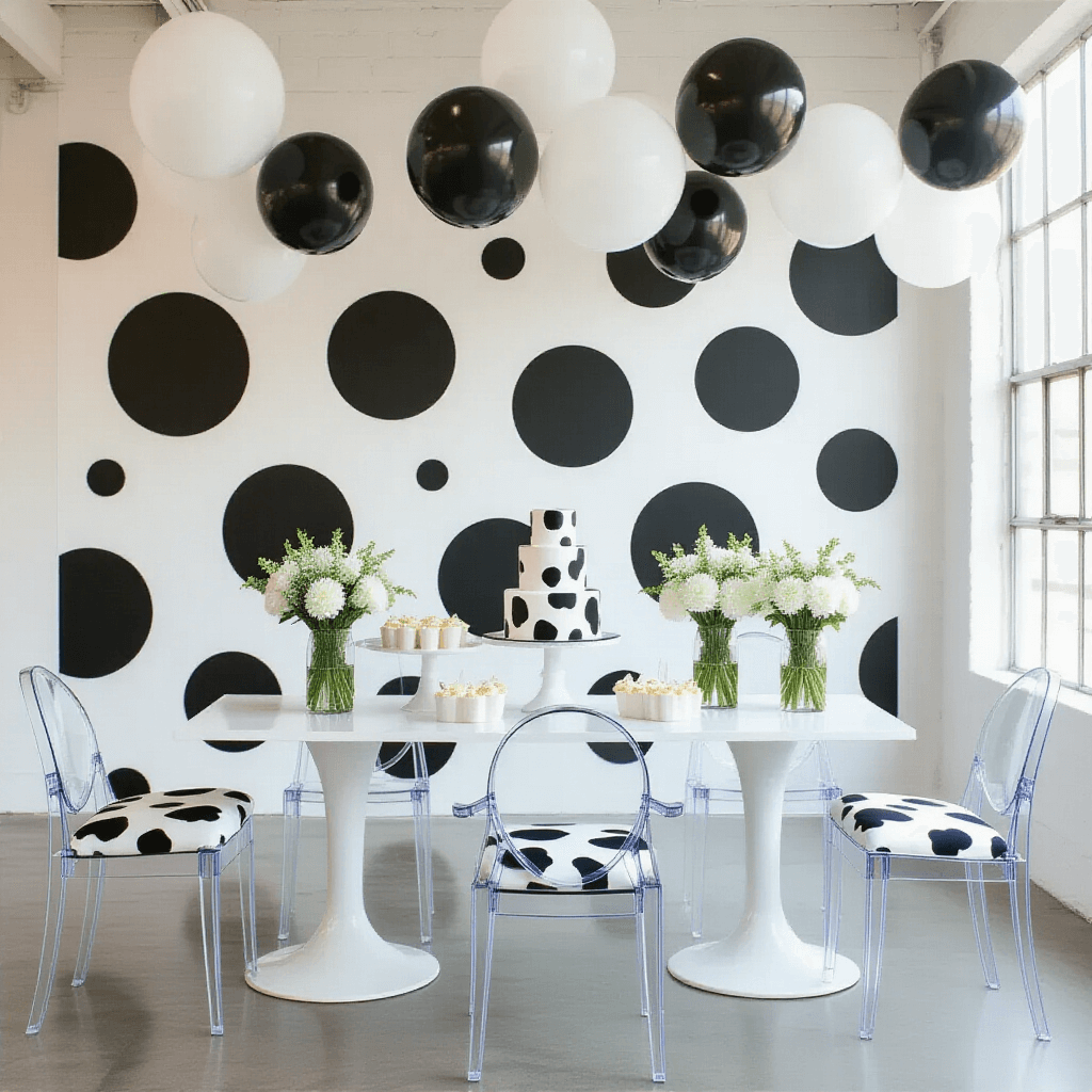 A modern loft with clean white walls and a statement wall featuring oversized black polka dots. A sleek dessert table displays a geometric cow-print cake, surrounded by milk glass vases of white flowers. Clear ghost chairs with cow print cushions are arranged around low white tables, while helium-filled black and white balloons float above. The image is captured from an elevated angle.