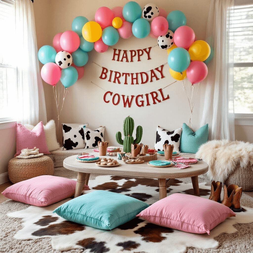 Yeehaw Chic: The Ultimate Guide to a Cowgirl Birthday Party That'll Make Everyone Say "Wow!" Bright and cheerful kids' cowgirl birthday setup in a cozy living room with a low table surrounded by colorful floor cushions, featuring personalized bandana place settings, cactus-shaped cookies, and cowboy boot favors, under a 'Happy Birthday Cowgirl' banner, framed by balloon bouquets and illuminated by soft morning light.