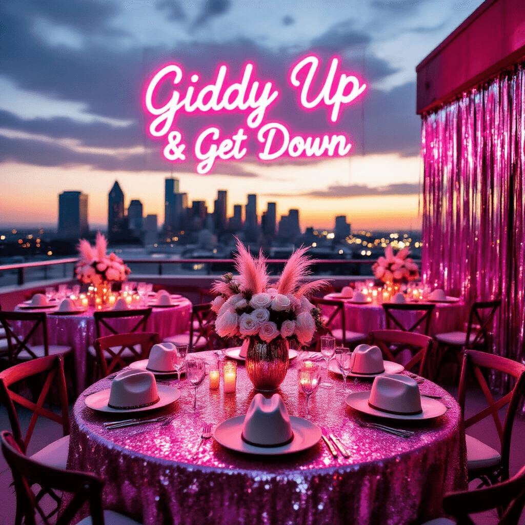 Yeehaw Chic: The Ultimate Guide to a Cowgirl Birthday Party That'll Make Everyone Say "Wow!" An overhead view of a glamorous rooftop terrace decorated for a 'Disco Rodeo' bachelorette party, featuring round tables with sequined pink linens, metallic cowboy hat vases with white roses and pampas grass, a glowing neon sign that reads 'Giddy Up & Get Down', a champagne tower, cowgirl-themed cupcakes, and shimmering silver mylar fringe curtains with the city skyline at sunset.