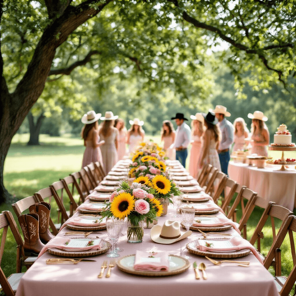 Yeehaw Chic: The Ultimate Guide to a Cowgirl Birthday Party That'll Make Everyone Say "Wow!" Elegant garden party for a summer birthday, featuring long tables with blush pink linens, sunflowers and pink roses in glass vases, and cowboy boot place card holders, with guests in sundresses and cowboy boots mingling under dappled sunlight.