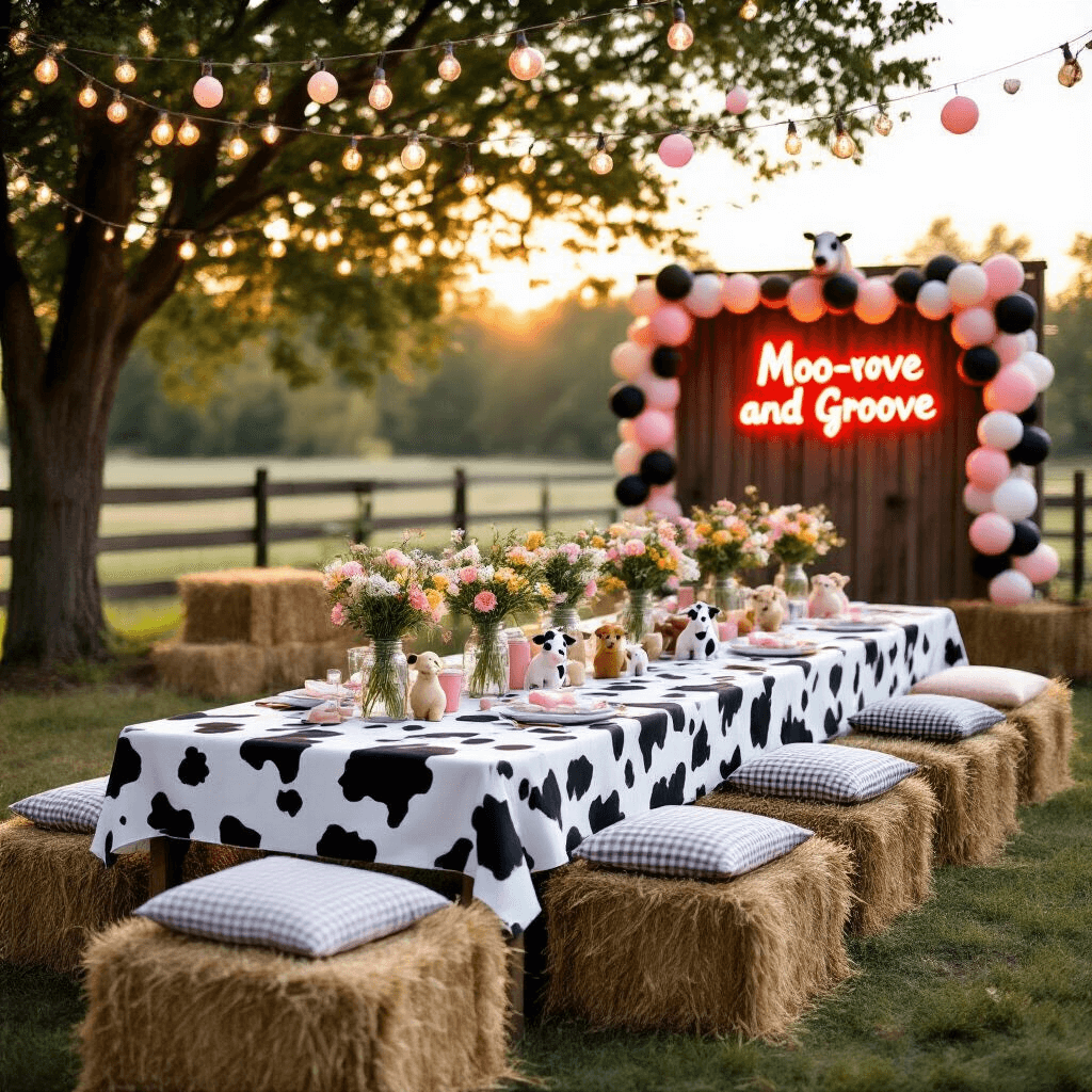 A whimsical barnyard birthday party at golden hour, featuring a long farm table with a cow print tablecloth under fairy lights and balloon garlands, embellished with mason jar centerpieces of wildflowers and miniature animal figurines. Hay bales with gingham cushions provide seating, while a rustic wooden backdrop with a neon 'Moo-ve and Groove' sign creates a playful photo booth area.