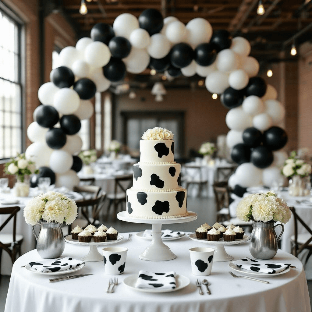 Elegant indoor cow-themed celebration in a light-filled loft, featuring a tiered white cake with cow print accents on a dessert table, surrounded by black and white treats. A balloon arch in black, white, and sage green frames the scene, while round tables with white linens and cow print napkins are adorned with hydrangeas in silver milk jugs. Captured from a slightly elevated angle.
