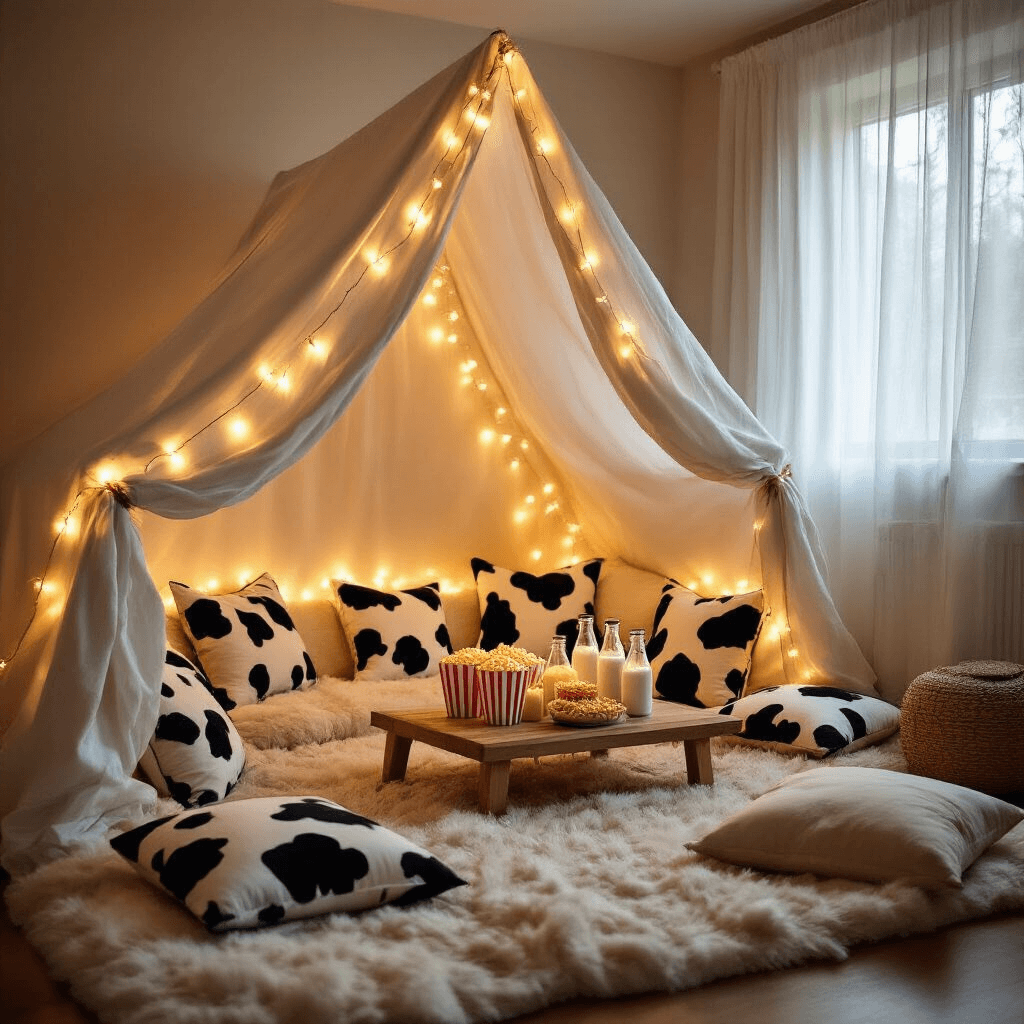 A cozy living room with a fort made of white sheets and fairy lights, featuring cow print pillows and plush cushions. A popcorn bar in vintage milk bottles and a projector screen displaying a farm-themed movie create an inviting atmosphere.