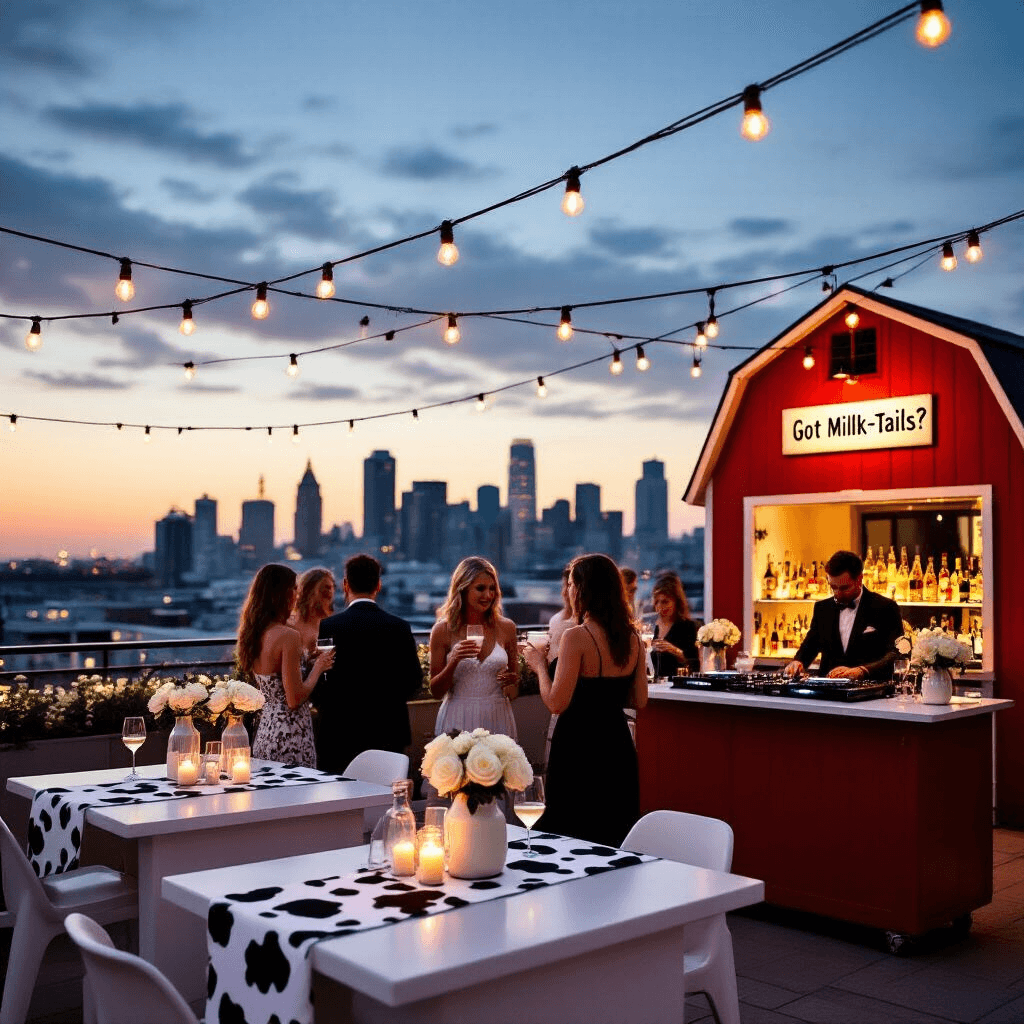 A chic rooftop terrace cocktail party at twilight features string lights overhead, sleek white high-top tables with cow print runners, a stylish bar cart with milk bottle vases and a 'Got Milk-tails?' sign, guests enjoying 'black and white' Russian cocktails, and a DJ booth disguised as a red barn, all set against a backdrop of the city skyline.