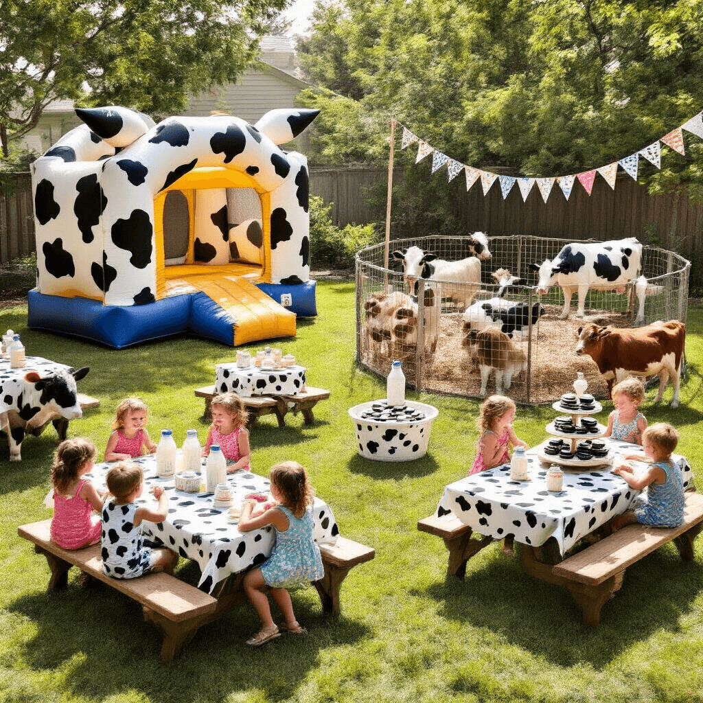 A vibrant backyard birthday party for kids with a giant cow-print bounce house, a petting zoo with baby animals, picnic tables adorned with cow print tablecloths and milk bottle centerpieces, and a 'milk and cookies' station, all bustling with joyful children.