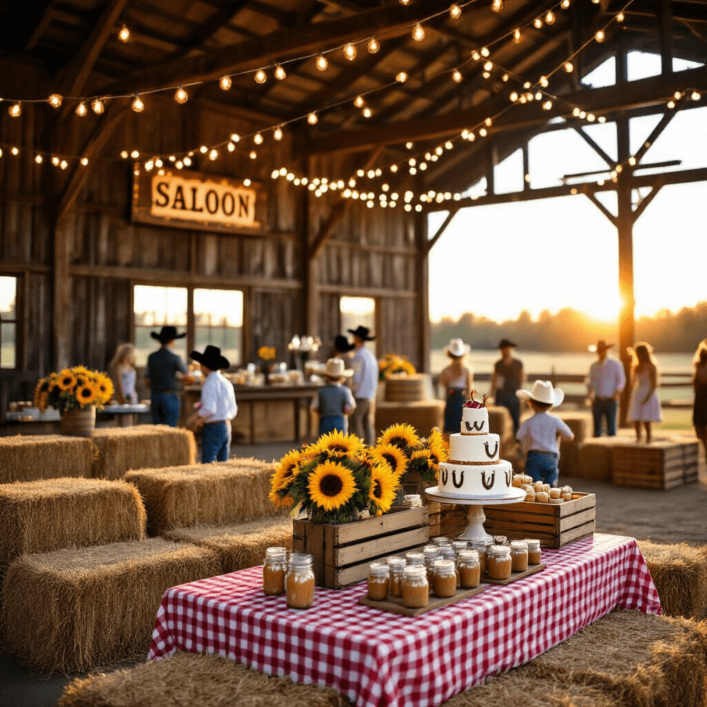 A rustic barn at golden hour, featuring hay bale seating, wooden crates with sunflowers, and fairy lights overhead. A dessert table with a red gingham tablecloth displays mason jar sundaes and a horse-themed tiered cake. Children in cowboy hats play a lasso game, while adults socialize near a 'Saloon' sign over a drink station.