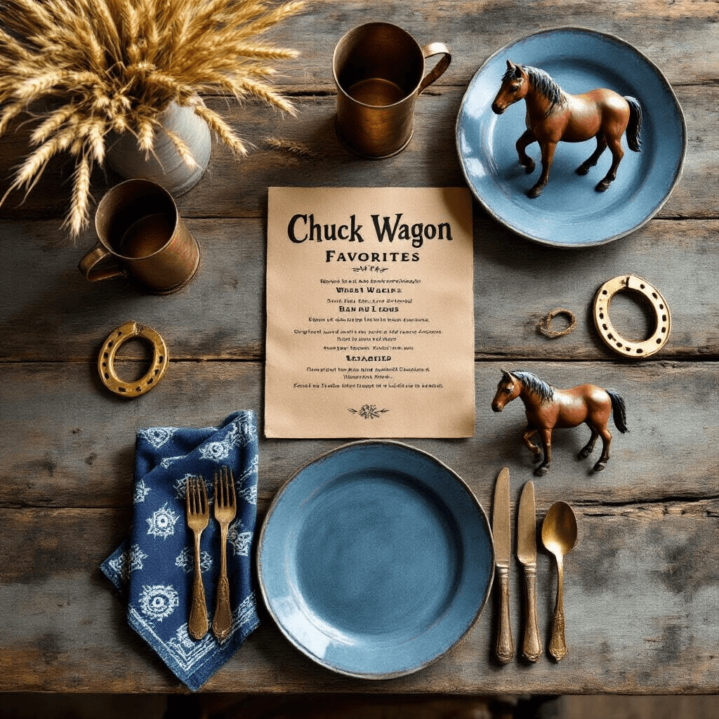 Overhead view of a rustic Western-themed table setting featuring denim blue plates, bandana napkins, and rusted tin cups, adorned with toy horses, gold-painted horseshoes, and sprigs of wheat; a hand-lettered menu on kraft paper lists chuck wagon favorites, with soft natural light highlighting the textures.
