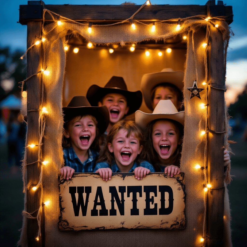 Close-up of a cheerful photo booth at dusk featuring a distressed wooden frame with twinkle lights, a burlap backdrop, and props like cowboy hats and sheriff badges. A group of laughing children pose playfully, illuminated by warm lighting, with a vintage 'Wanted' sign in focus.
