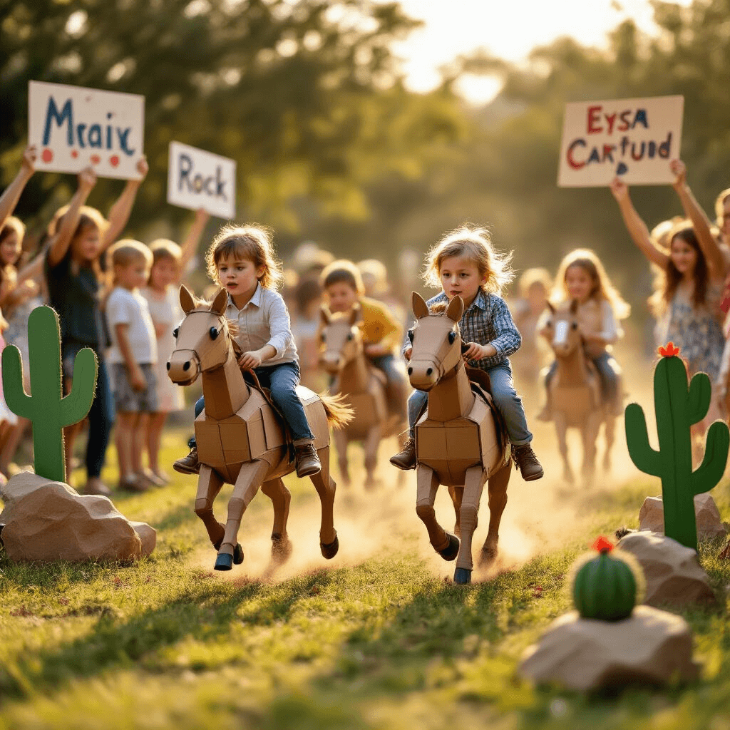 A lively children's stick horse race unfolds on a grassy field at sunset, showcasing young riders in determined expressions as they gallop, with handmade cardboard cacti and cartoon rock formations lining the track and cheering parents holding painted signs in the background.