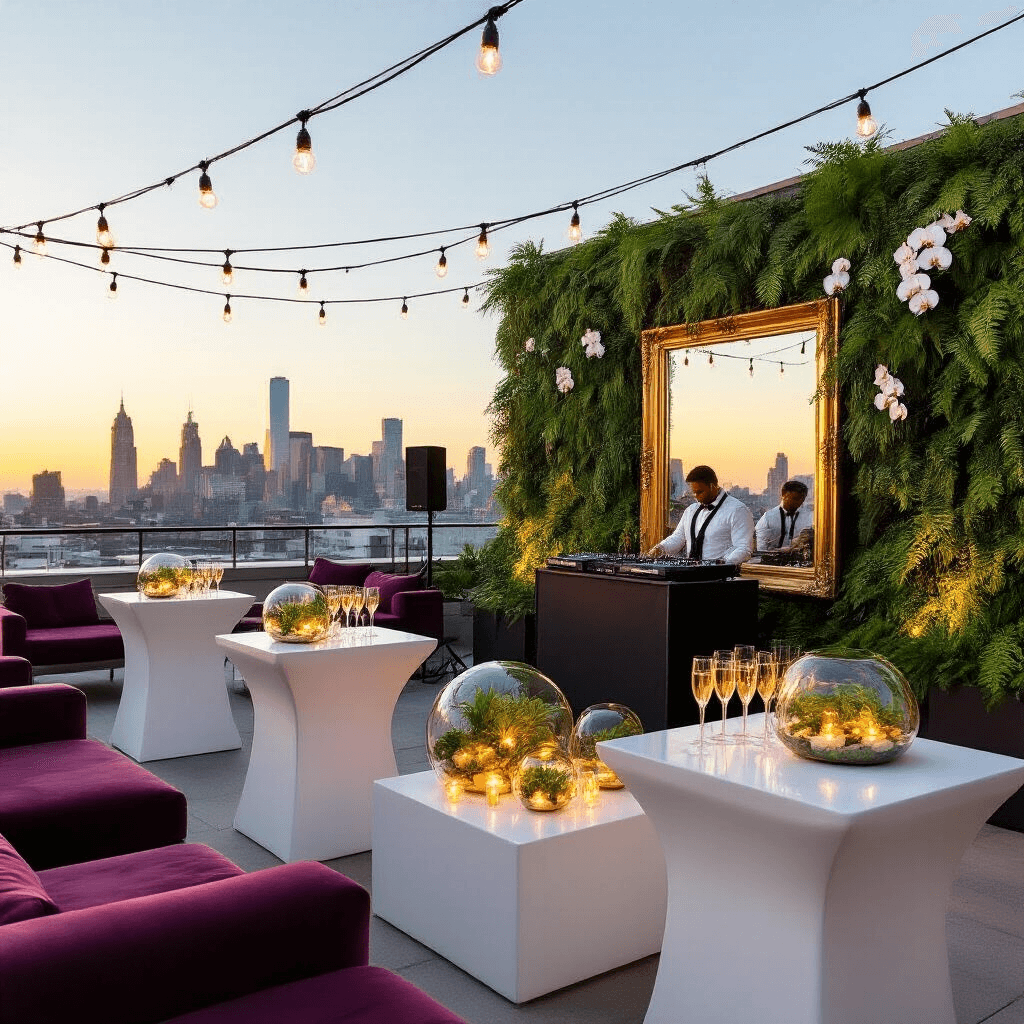 Cupid Birthday Party: A Dreamy Celebration of Love and Whimsy A chic rooftop terrace celebration at sunset with white high-top tables, glass terrariums, a lush vertical garden, champagne flutes, string lights, plush burgundy sofas, a DJ booth, and oversized metallic balloons spelling 'LOVE'.