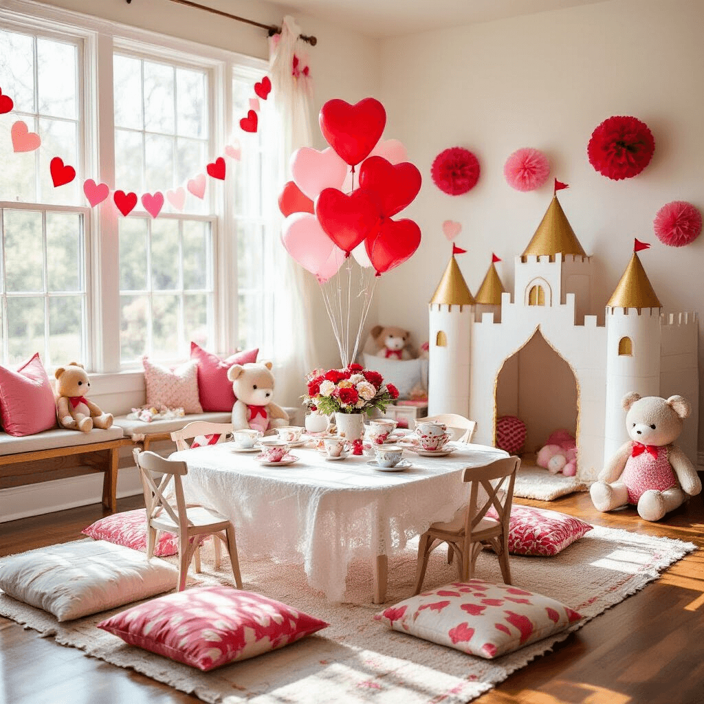 Cupid Birthday Party: A Dreamy Celebration of Love and Whimsy A whimsical kids' Cupid party in a sunlit living room with a low tea party table set with mismatched teacups, surrounded by colorful pillows and chairs, decorated with heart-shaped balloons and homemade garlands, along with a DIY cardboard castle play area.