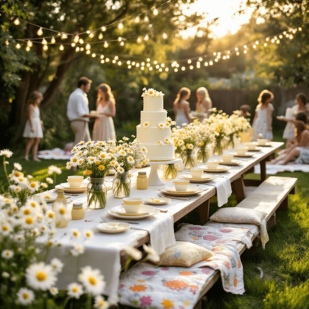 A sunlit backyard transformed into a whimsical daisy wonderland, featuring a picnic table with a white linen runner and mason jars of fresh daisies, fairy lights overhead, mismatched vintage china, a towering naked cake with buttercream daisies, guests on quilts in lush grass, and oversized paper daisies scattered throughout the yard, all illuminated by golden hour light.