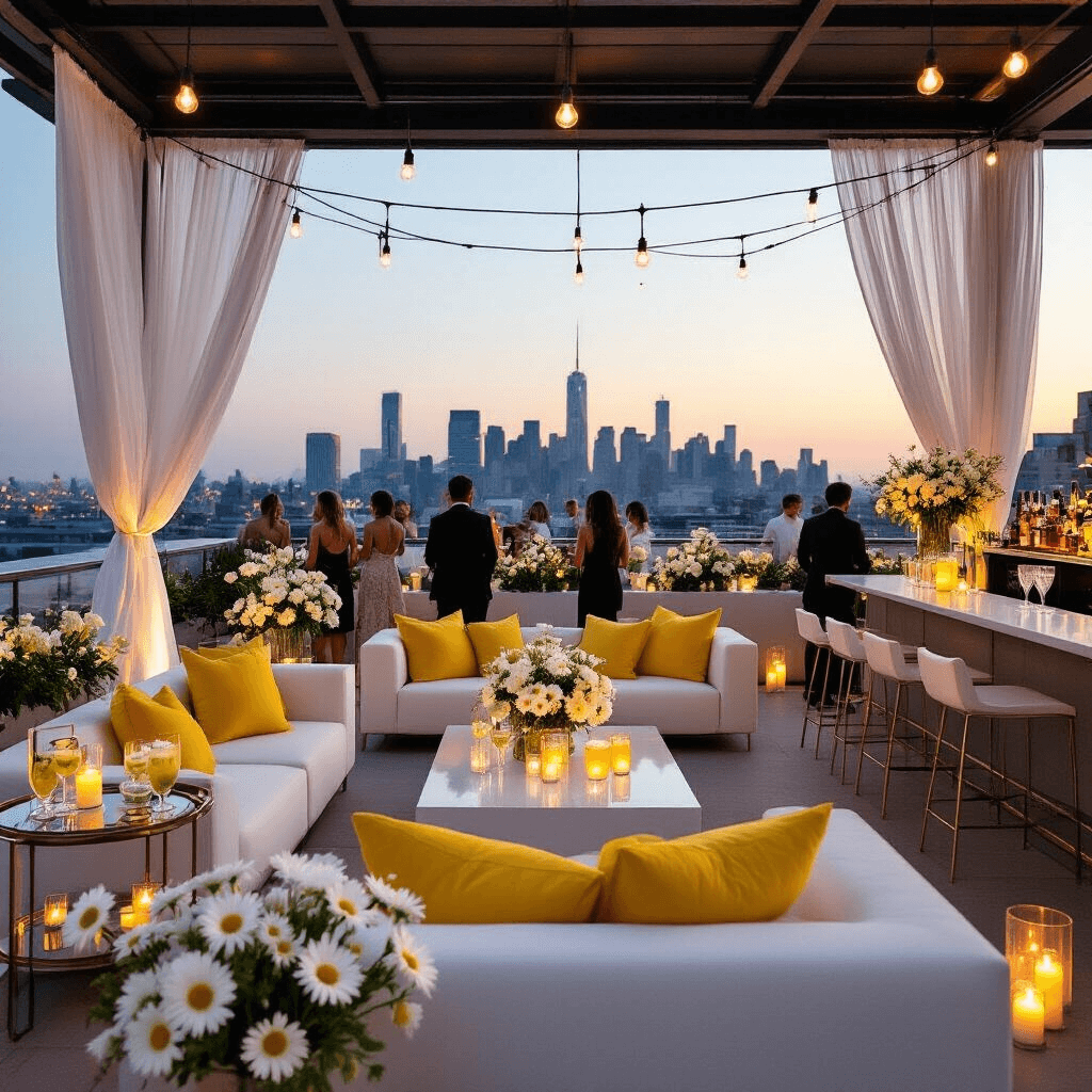 An elegant rooftop terrace at twilight, featuring modern white lounge furniture with yellow pillows, bar carts with cocktails garnished with daisies, minimalist floral arrangements in geometric vases, and string lights casting a romantic ambiance, set against a twinkling city skyline.
