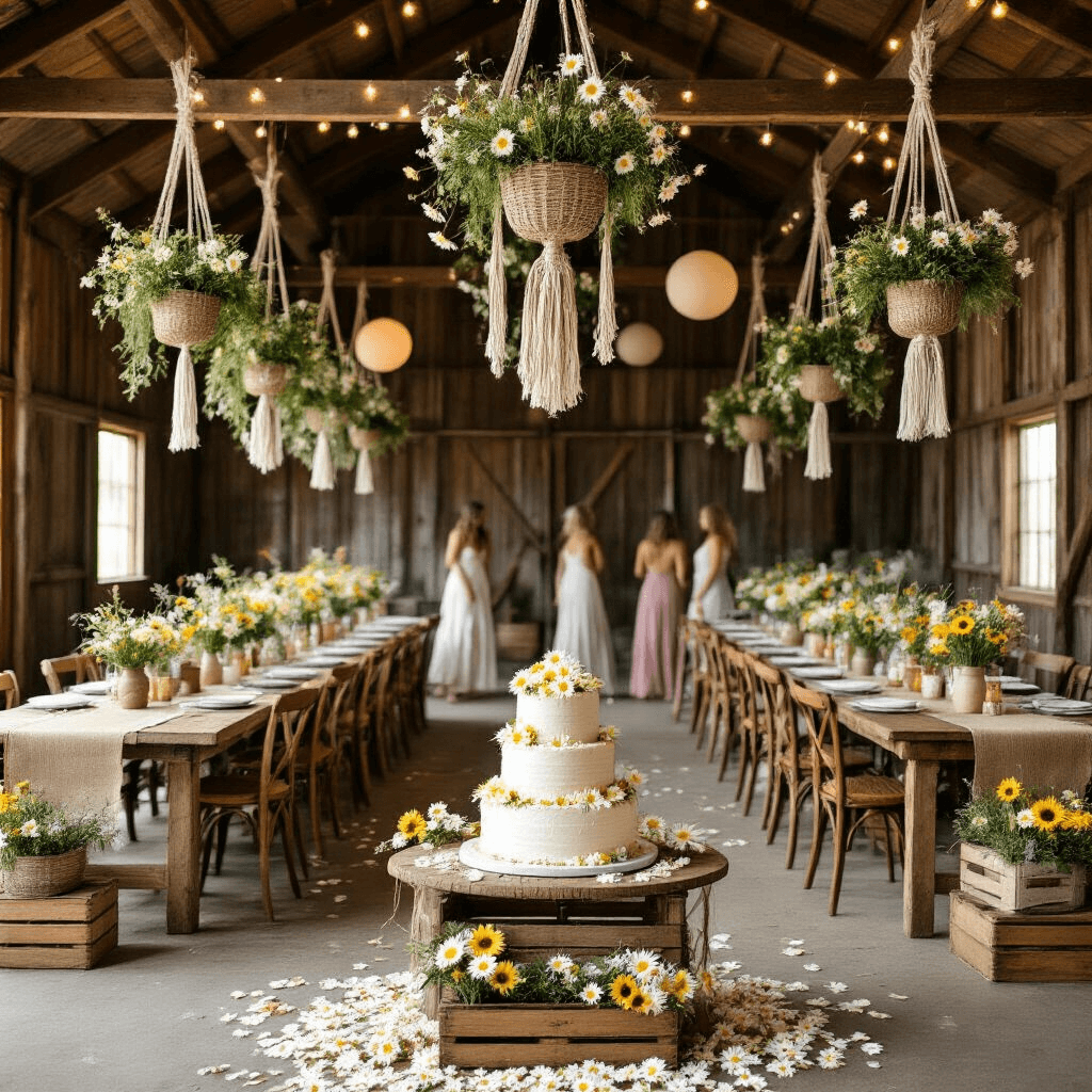 A boho daisy celebration in a rustic barn, featuring long farm tables with burlap runners, mismatched chairs, macramé plant hangers with daisies, wooden crates with wildflowers, a naked cake on a dessert table, fairy lights, and guests dancing on a petal-strewn floor under a dream catcher.