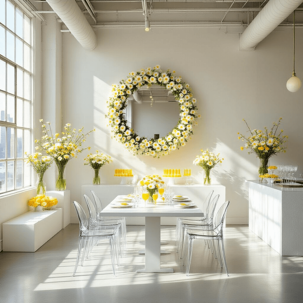 A bright, modern loft space set for a daisy-inspired brunch, featuring a sleek communal table with white linens and bud vases of daisies, surrounded by ghost chairs. Sunlight streams through large windows, highlighting a statement wall with a circular mirror and fresh daisies, while guests in monochromatic outfits enjoy a mimosa bar adorned with crystal decanters and edible daisies.