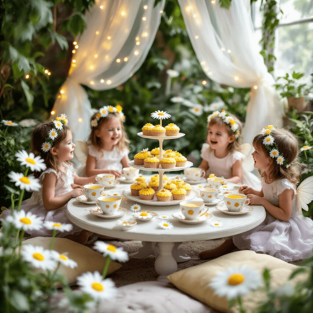 A whimsical indoor garden party featuring a low table surrounded by floor cushions, set for a child's daisy-themed birthday. Delicate china teacups overflow with fruit punch garnished with edible daisies, while a tiered cake stand displays daisy-shaped cookies and cupcakes with yellow frosting. Oversized paper daisies and soft tulle canopies create a magical atmosphere, as pint-sized guests in flower crowns giggle and reach for butterfly-shaped sandwiches under twinkling fairy lights.