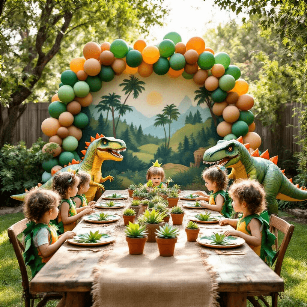 A whimsical dinosaur-themed birthday party in a sunlit backyard, featuring a hand-painted dinosaur backdrop, green and brown balloons, a rustic wooden table with a burlap runner and succulent centerpieces, and children in colorful dinosaur costumes playing around a large inflatable T-Rex.