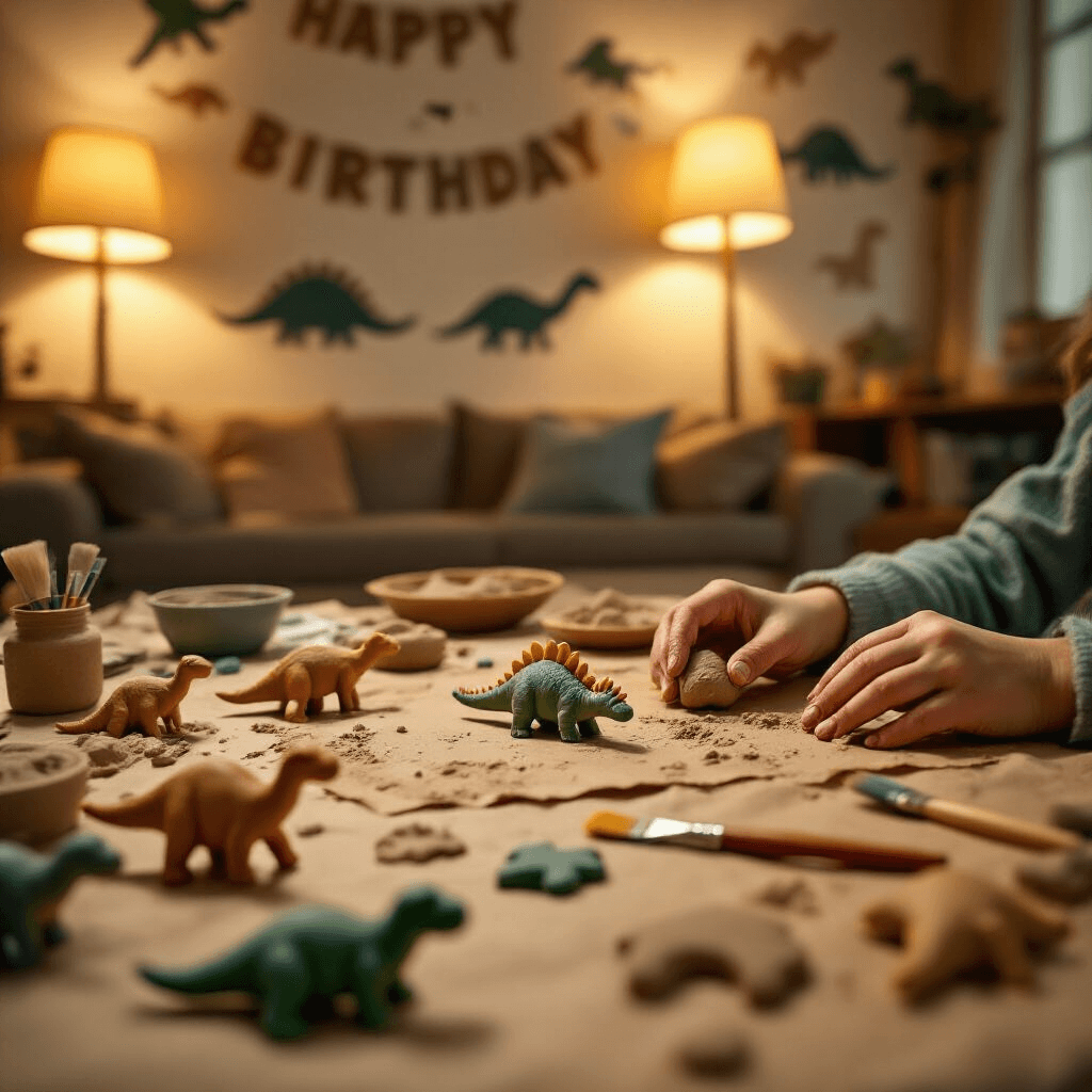 Close-up of small hands crafting clay fossils at a low table in a cozy living room, surrounded by dinosaur-shaped cookie cutters and painting tools, with warm ambient lighting and hand-drawn dinosaur silhouettes in the background.