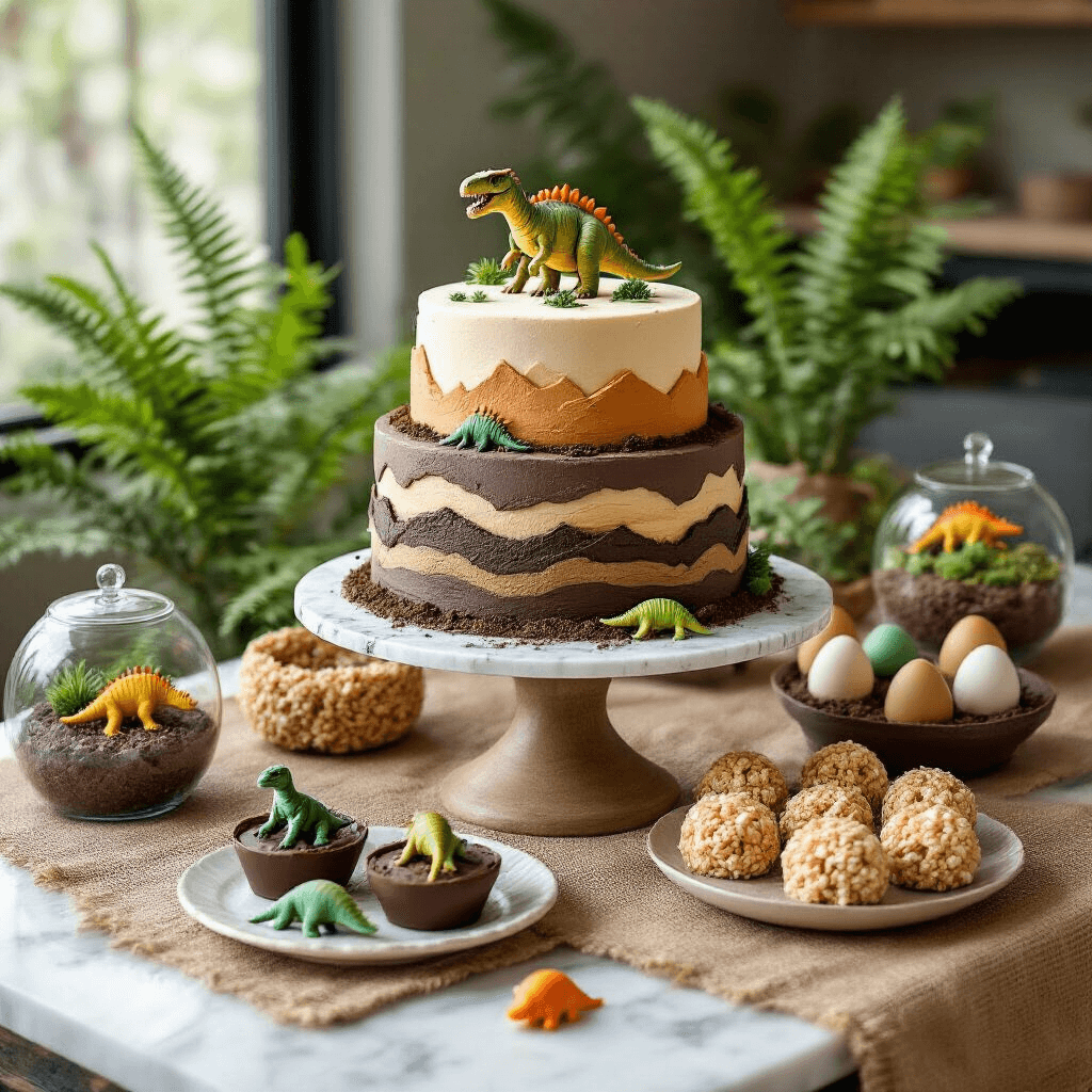 A prehistoric-themed dessert table on a marble countertop, featuring a tiered cake stand with a geology-inspired fondant cake decorated with edible dinosaur fossils. Surrounding treats include chocolate dirt cups with gummy dinosaurs, egg-shaped cake pops, and rice krispie treats styled as dinosaur nests, complemented by faux ferns and miniature terrariums.