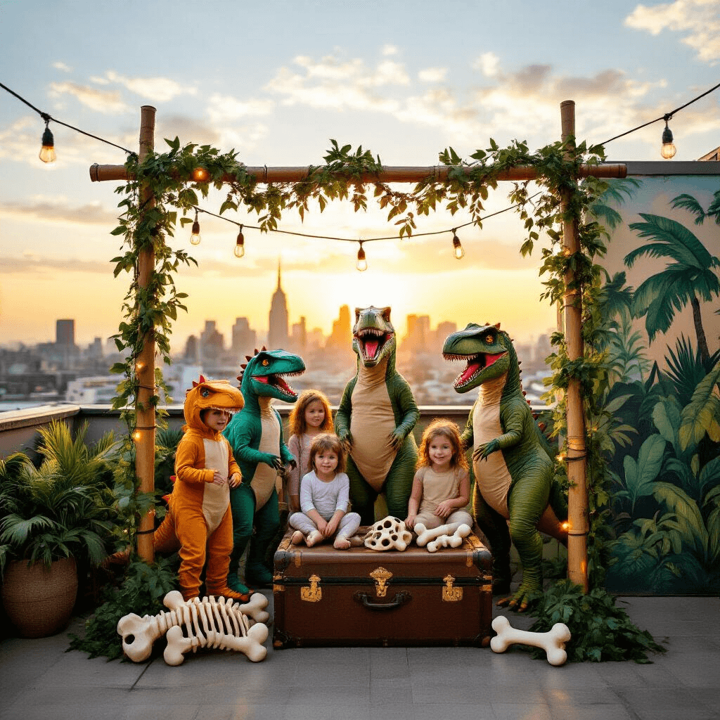 Children in dinosaur costumes pose in a rooftop photo booth with a jungle mural, framed by bamboo and vines, with city skyline in the background, illuminated by golden hour light.