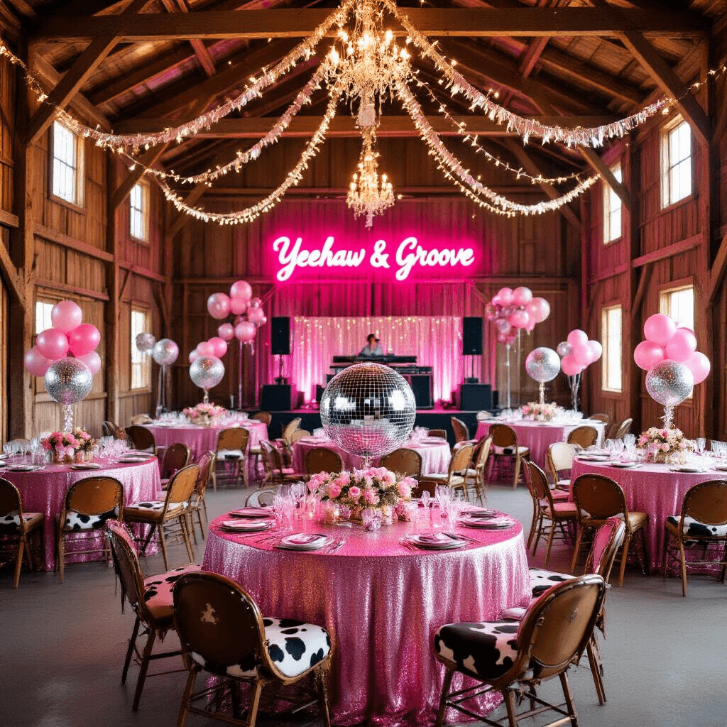 A vibrant disco-themed barn interior with wooden beams adorned with fairy lights, round tables featuring pink sequin tablecloths and cow print runners, and a DJ booth framed by a glittering silver backdrop, illuminated by a neon 'Yeehaw & Groove' sign, surrounded by clusters of pink and silver balloons and vintage saddles used as seating.