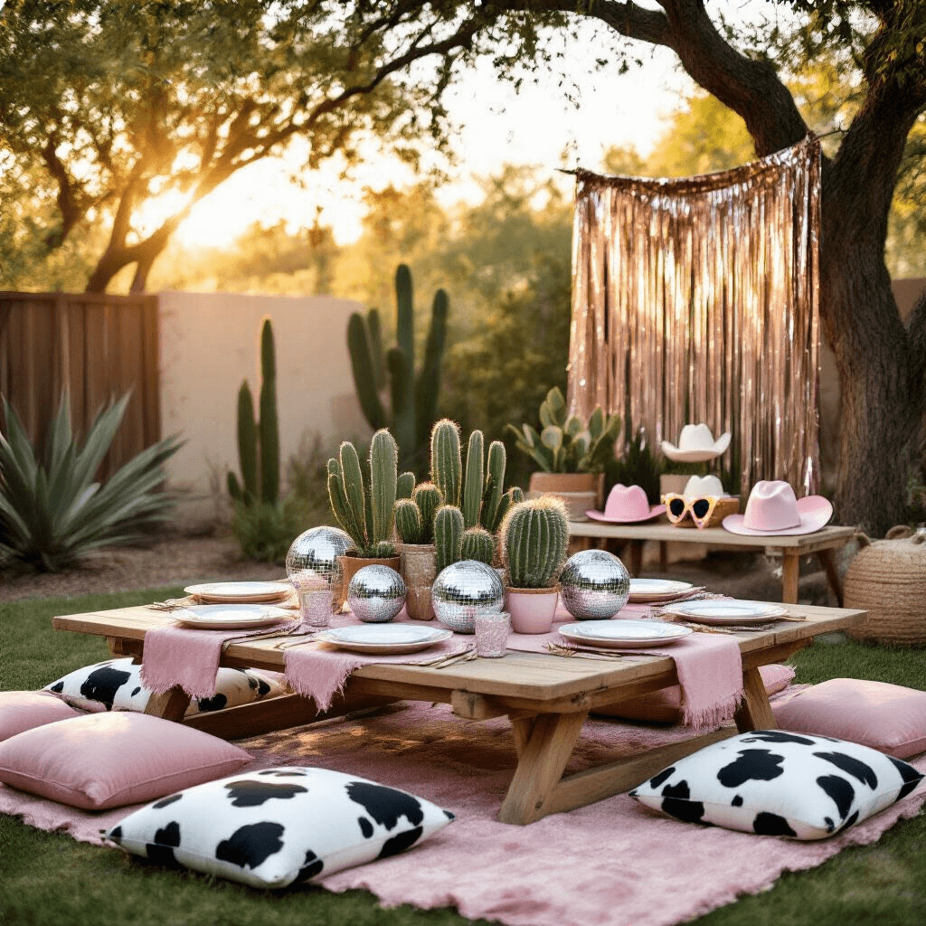 Intimate backyard birthday setup featuring a low picnic table with cow print cushions, dusty pink linens, silver chargers, and white plates, adorned with cacti in glittery pots and disco ball planters, and a handcrafted cowhide print banner, with a DIY photo booth in the background.
