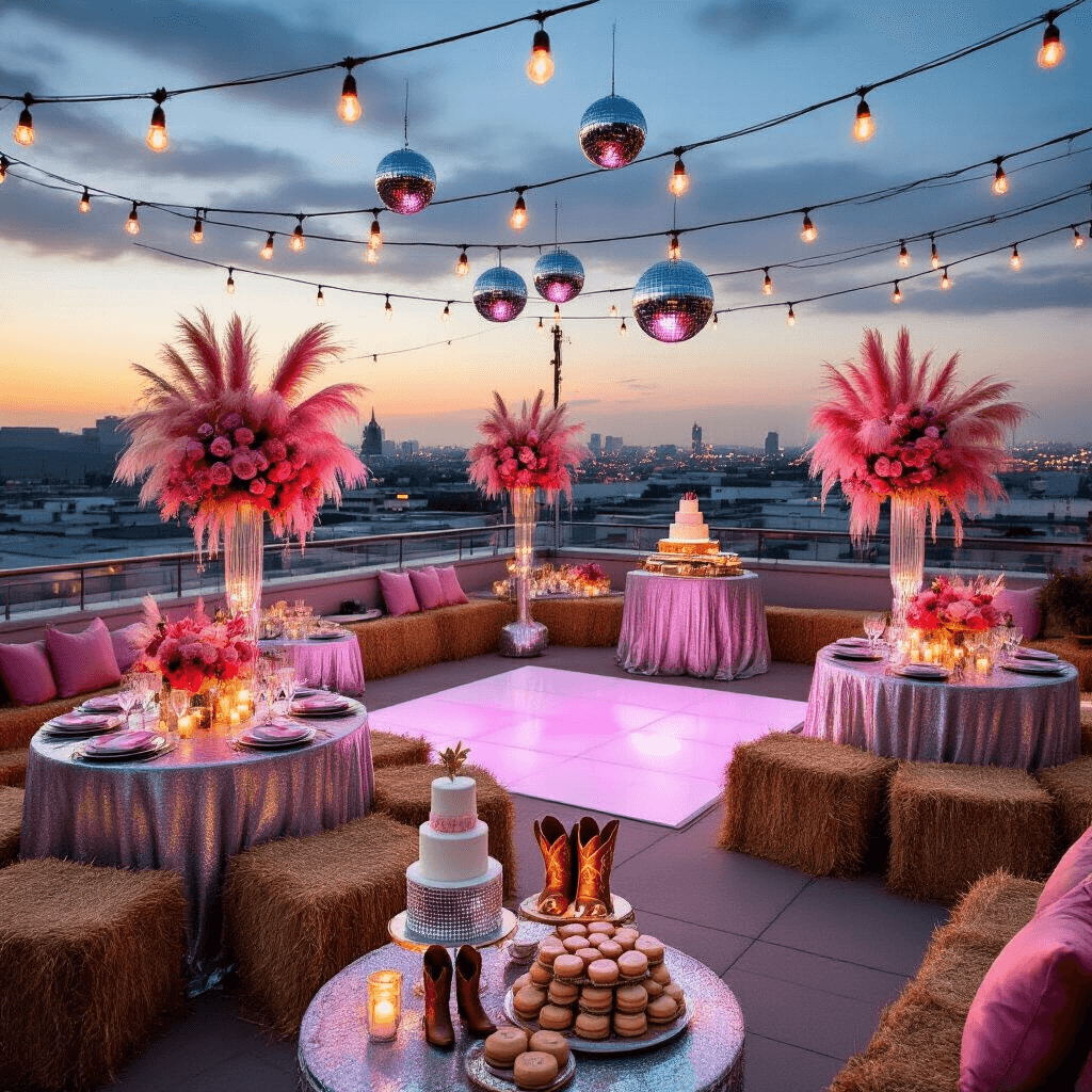 Chic rooftop terrace party at twilight with shimmering cocktail tables, tall floral arrangements, central dance floor surrounded by hay bale seating, string lights, and a dessert cart featuring a disco ball cake and cowboy boot cookies.